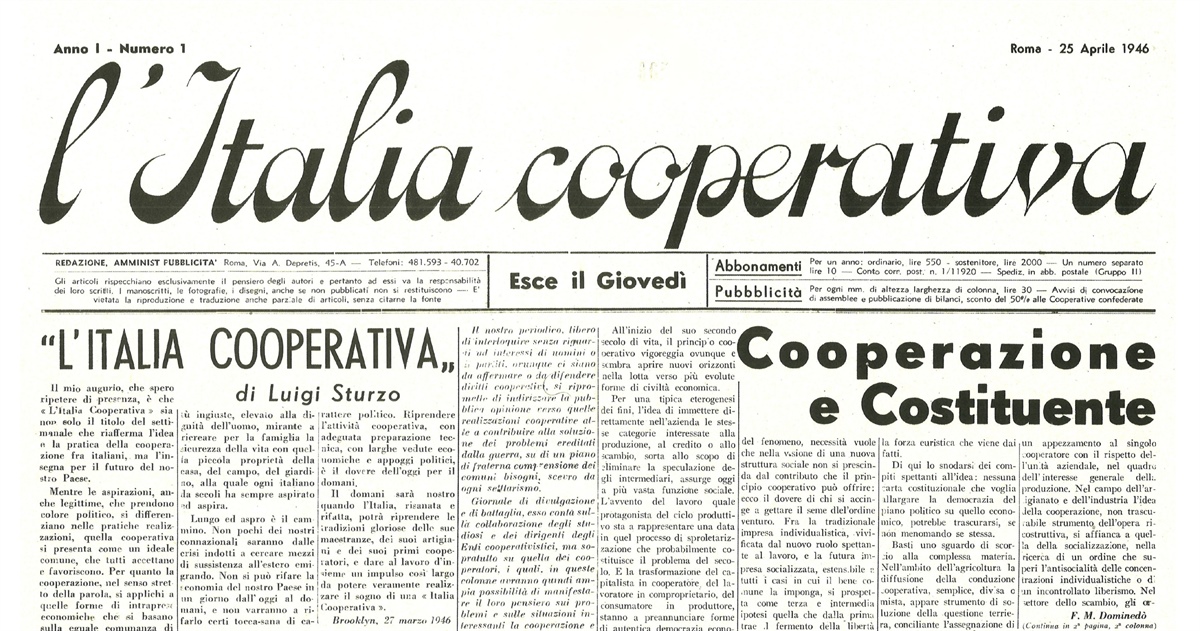Confcooperative celebra gli 80 anni di Italia Cooperativa. Sul primo numero l'editoriale di Don Luigi Sturzo