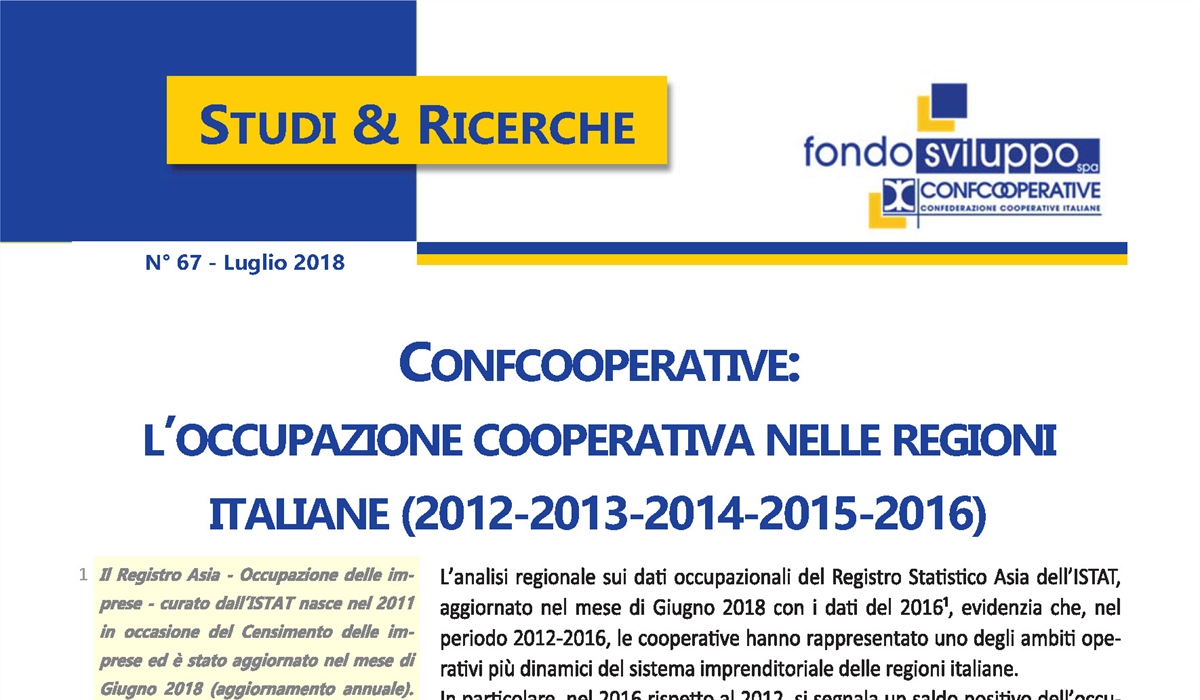 Confcooperative: l'occupazione cooperativa nelle regioni italiane (2012-2013-2014-2015-2016)