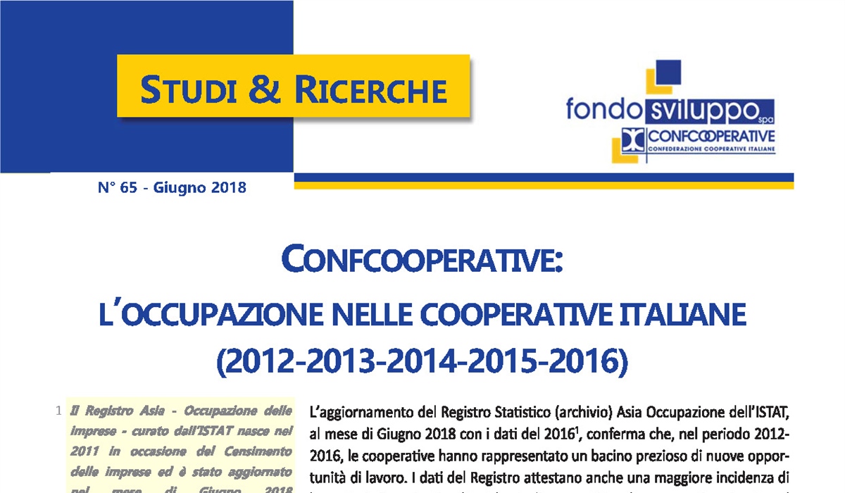 Confcooperative: l'occupazione nelle cooperative italiane (2012-2013-2014-2015-2016)