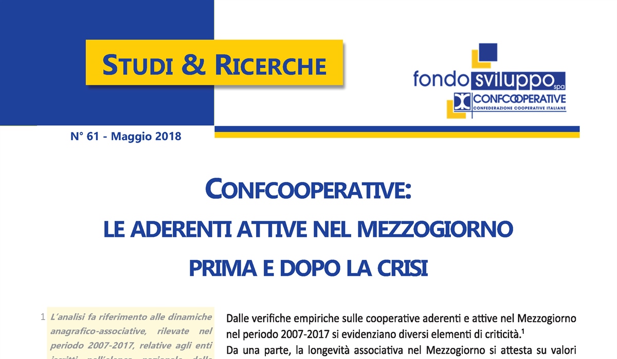 Confcooperative: le aderenti attive nel Mezzogiorno prima e dopo la crisi 