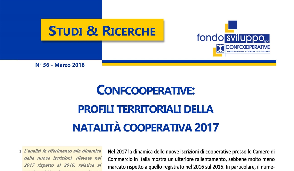 Confcooperative: profili territoriali della natalità cooperativa 2017