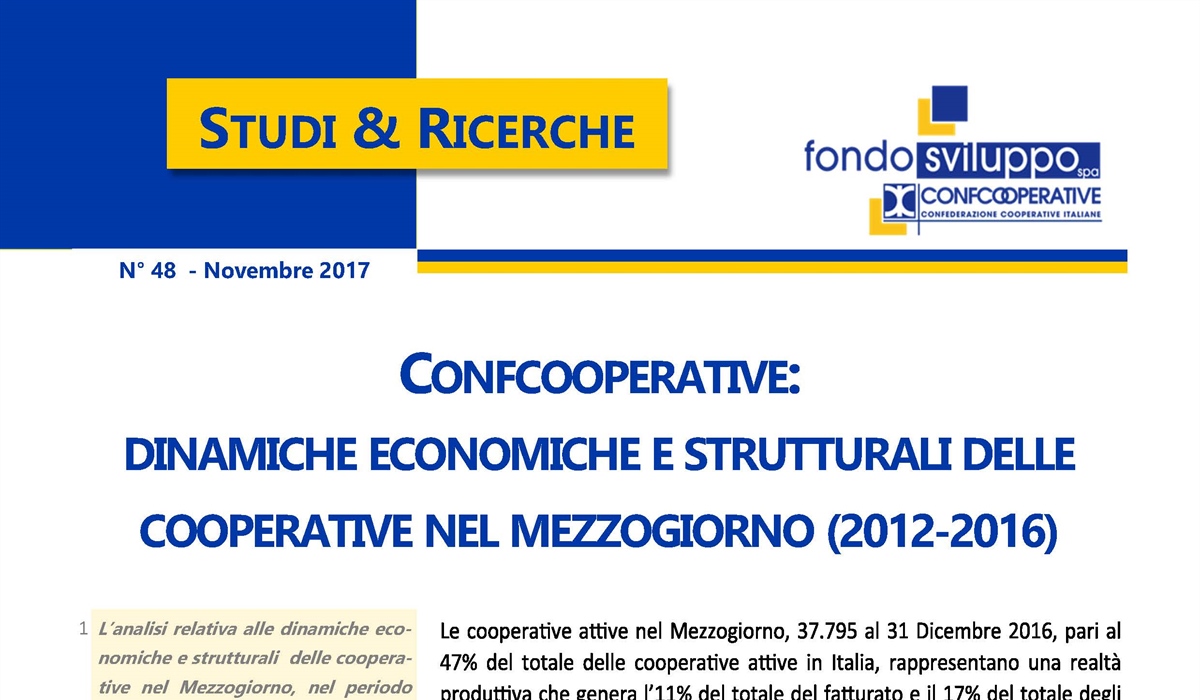 Confcooperative: dinamiche economiche e strutturali delle cooperative nel Mezzogiorno (2012-2016)