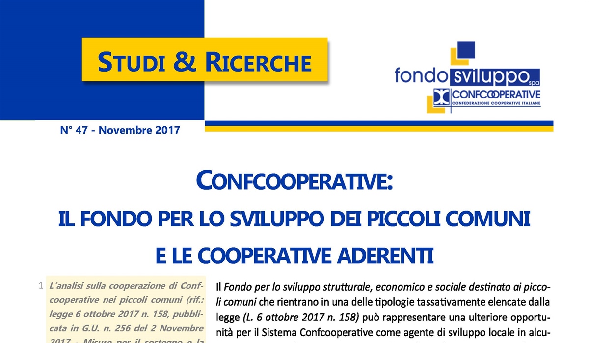 Confcooperative: il fondo per lo sviluppo dei piccoli comuni e le cooperative aderenti 