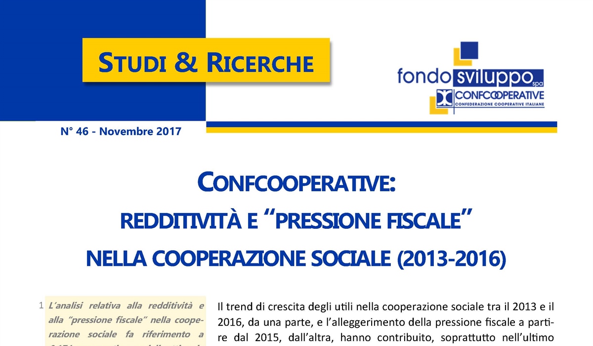 Confcooperative: redditività e "pressione fiscale" nella cooperazione sociale (2013-2016) 