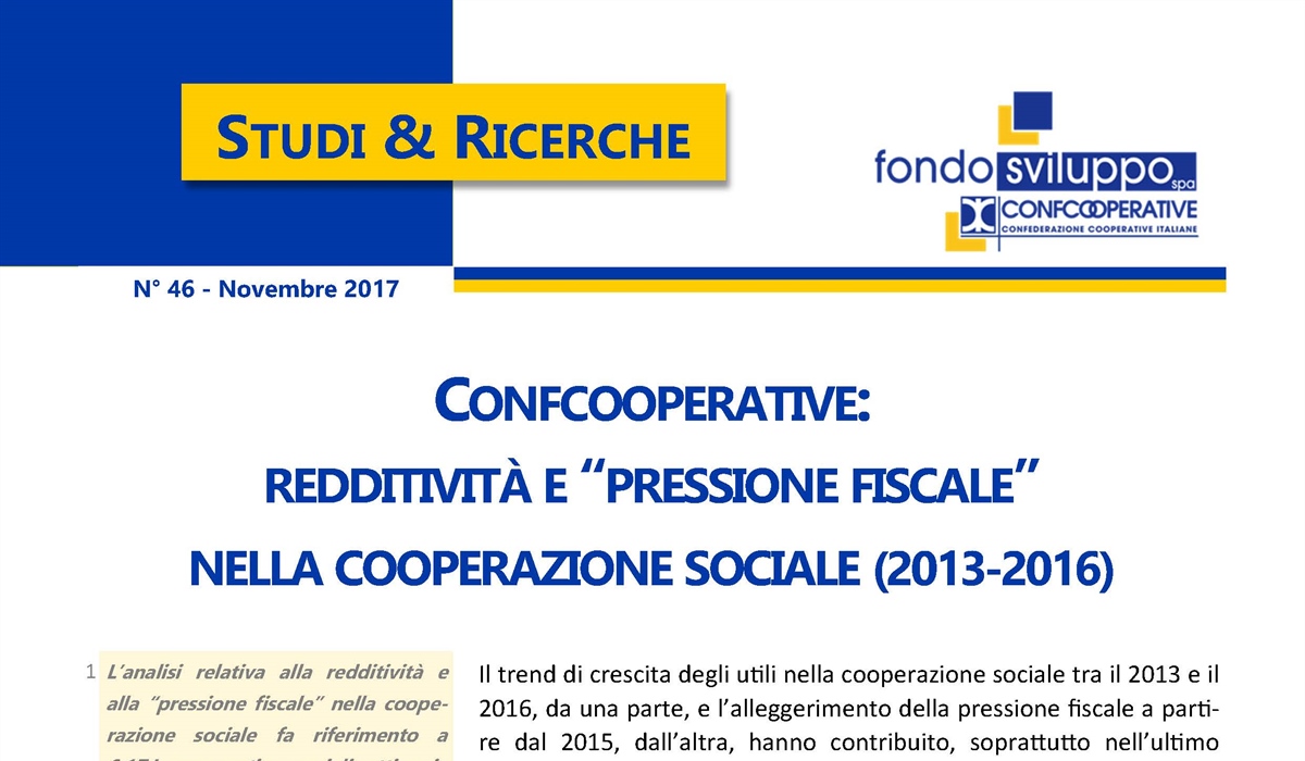 Confcooperative: redditività e "pressione fiscale" nella cooperazione sociale (2013-2016)