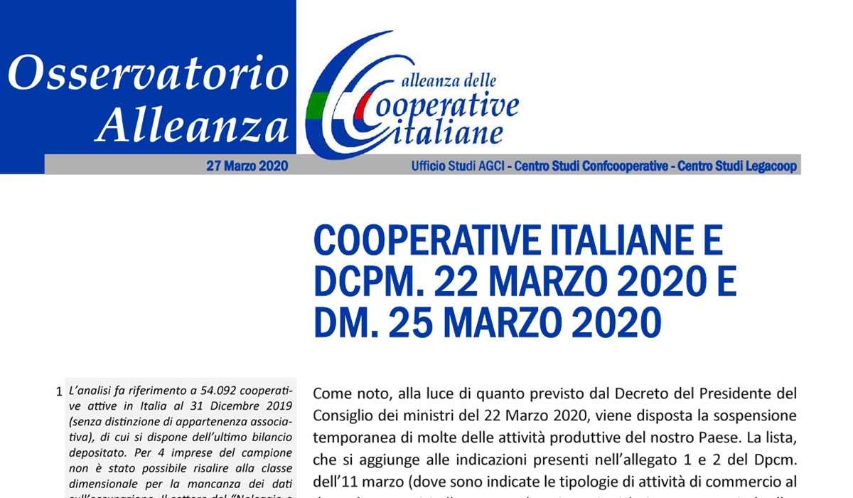 COOPERATIVE ITALIANE E DCPM. 22 MARZO 2020 E DM. 25 MARZO 2020 