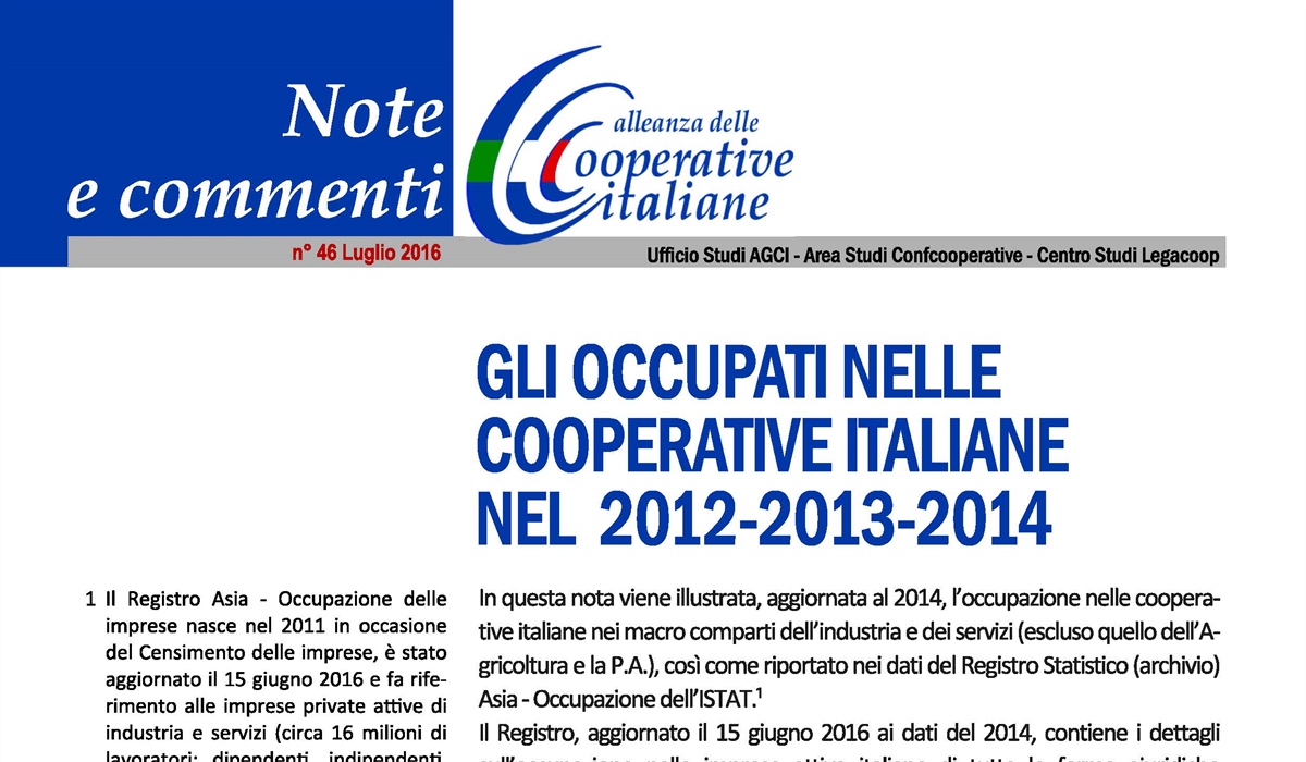 Gli occupati nelle cooperative italiane nel 2012-2013-2014 