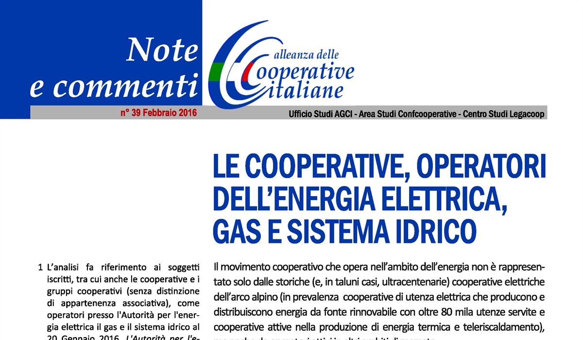 Le cooperative, operatori dell'energia elettrica, gas e sistema idrico 