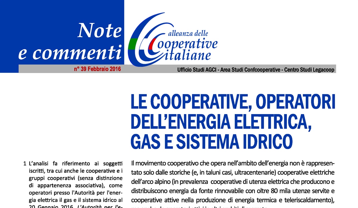 Le cooperative, operatori dell'energia elettrica, gas e sistema idrico