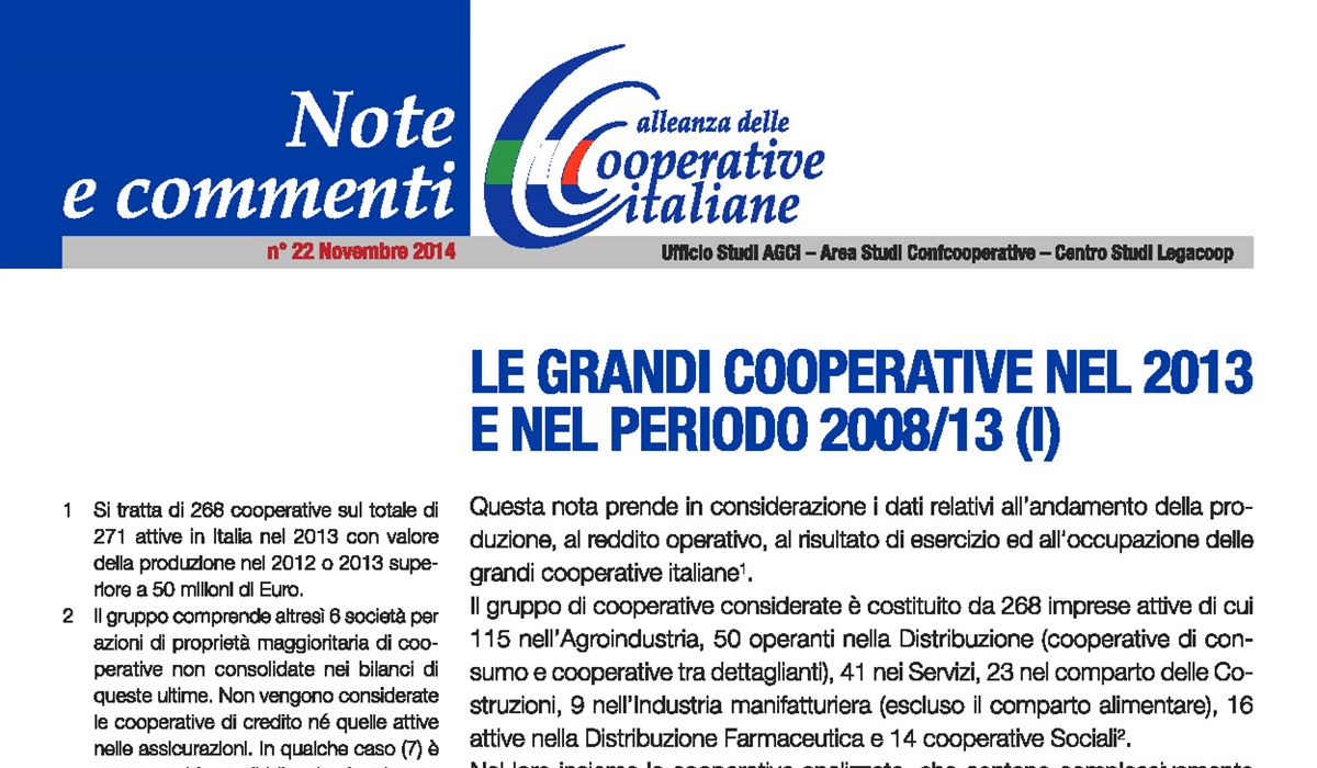 Le grandi cooperative nel 2013 e nel periodo 2008/13 (I) 