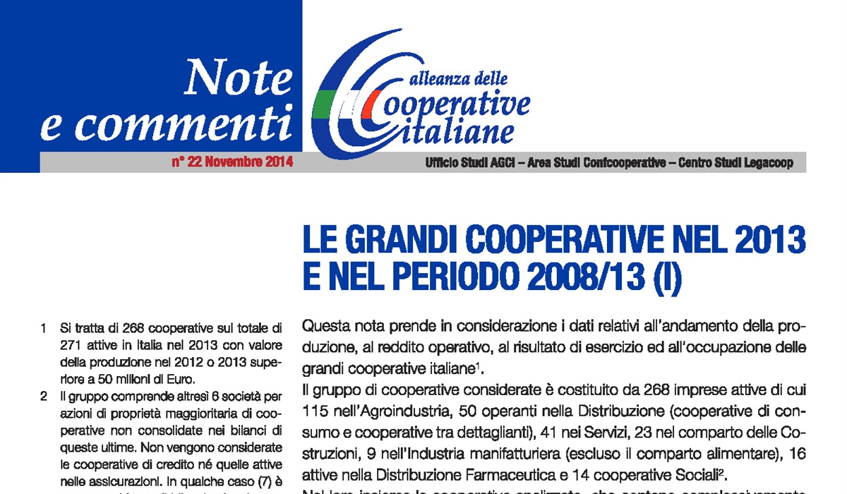 Le grandi cooperative nel 2013 e nel periodo 2008/13 (I)