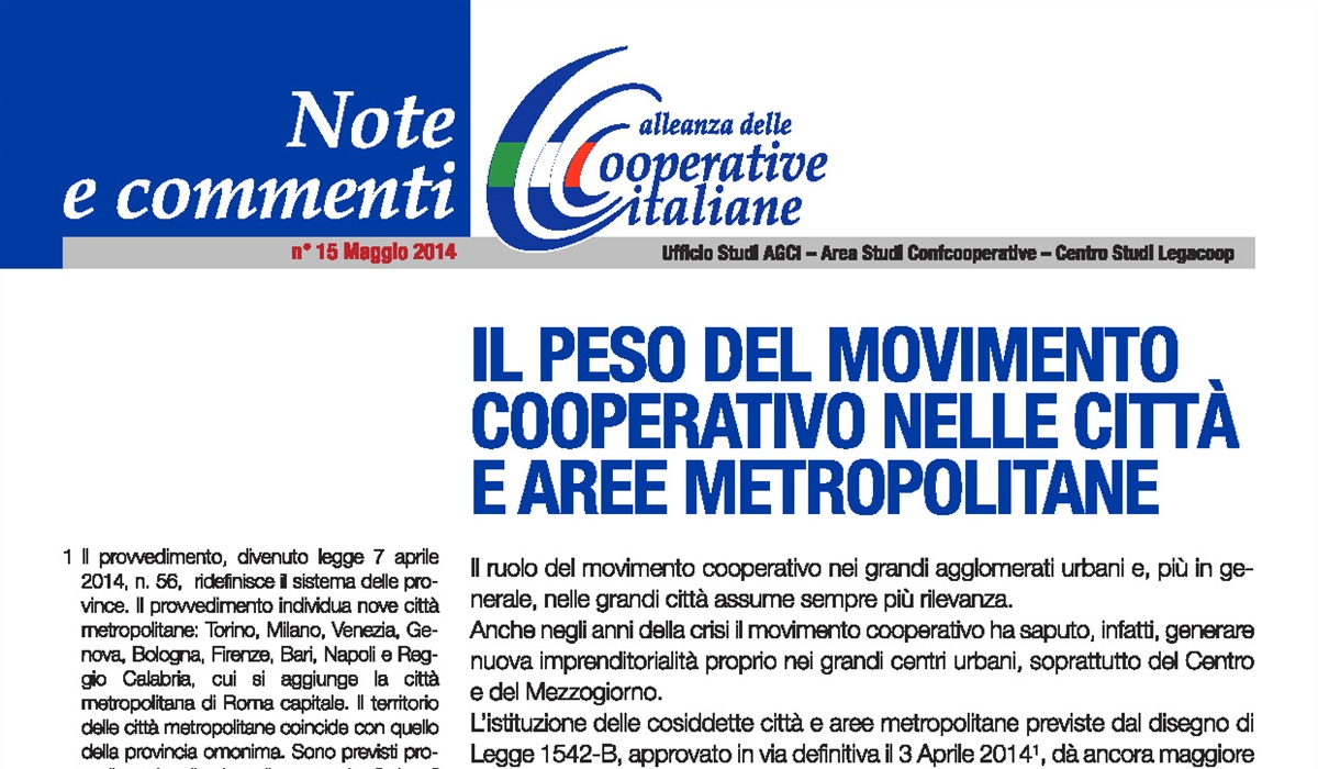 Il peso del movimento cooperativo nelle città e aree metropolitane 