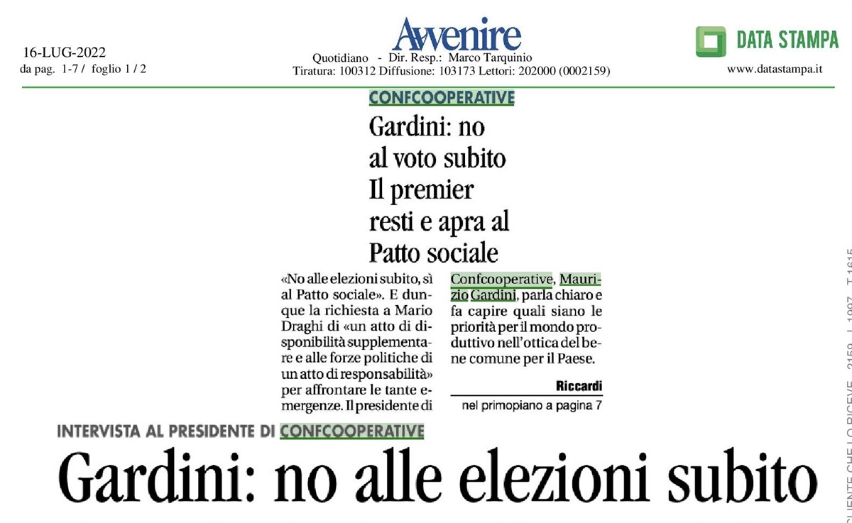 Gardini: no alle elezioni subito, Draghi resti e apra al Patto sociale