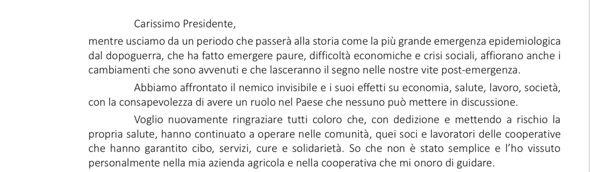 Gardini scrive alla cooperative «Viviamo la più grande emergenza dal dopoguerra»