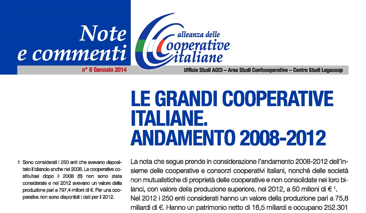 Le grandi cooperative Italiane: andamento 2008-2012 